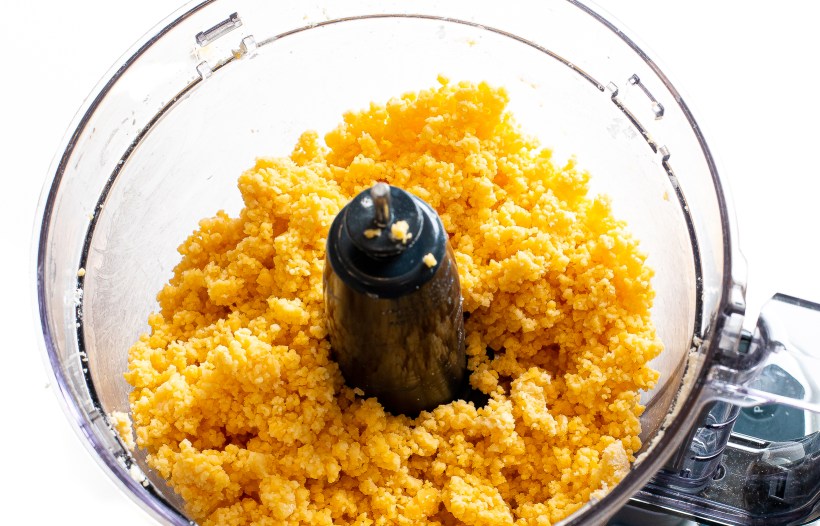 Goldfish cracker dough in a food processor.